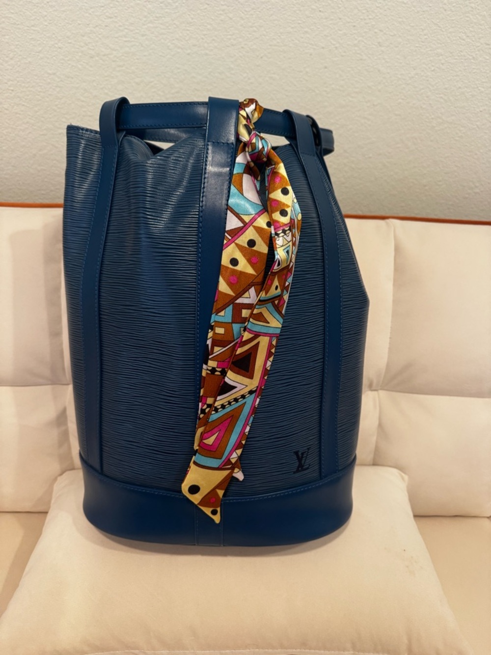 Louis Vuitton Blue Epi Leather Bucket Bag with Colorful Scarf